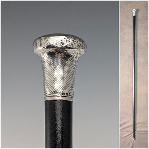 1920 British antique black shaft sterling silver round handle walking stick 88cm Ebenezer Newman